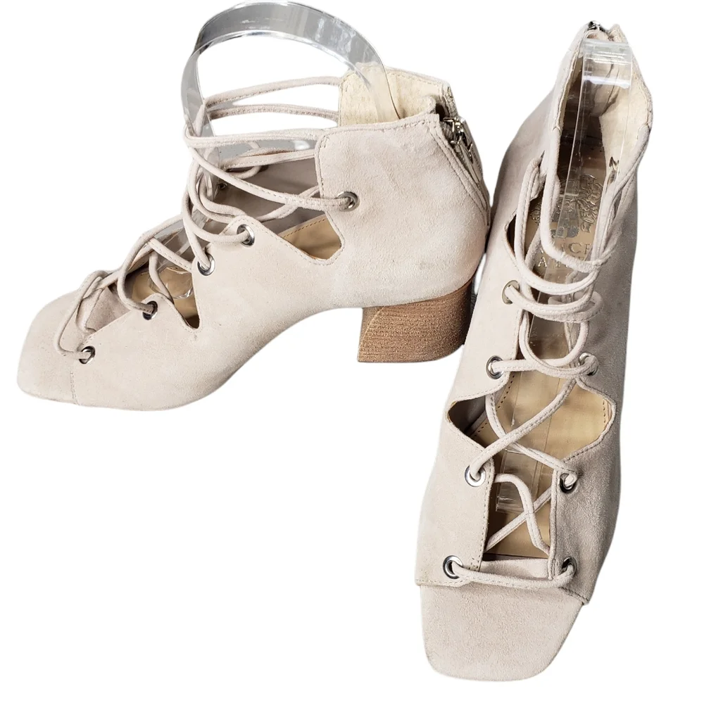 Vince Camuto Nahara Suede Laced Zipback Square Toe Cuban Heel Sandals NWOT 9